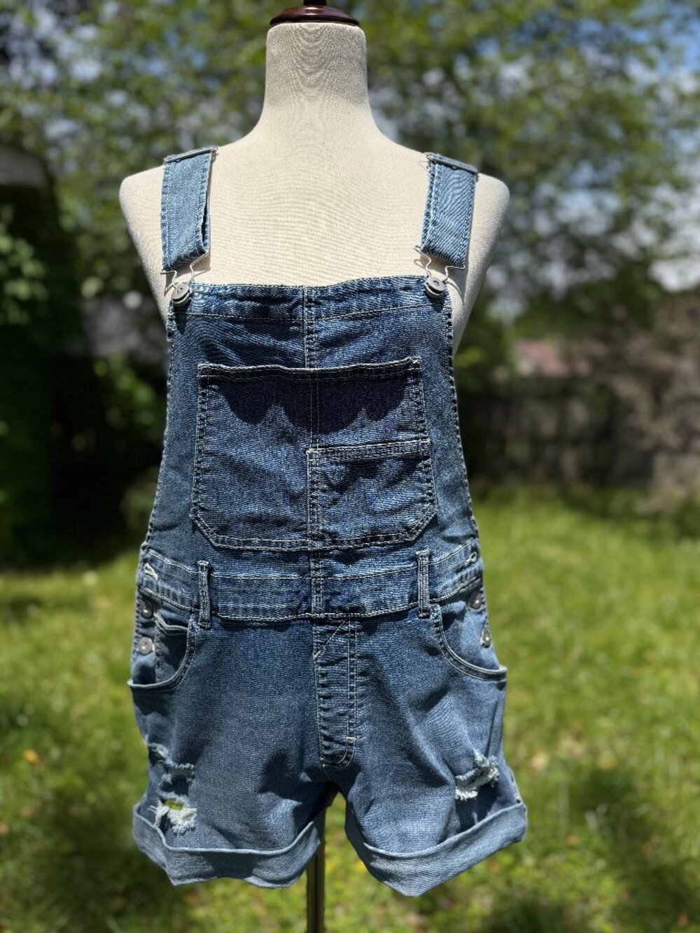 No Boundaries Denim Overall Shorts Distressed Rolled Cuff Bib Shortalls
